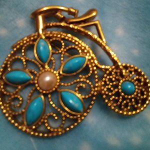 Vintage Brooch Antique Bicycle  Much Detail Gold Colored Metal With Aqua Stones